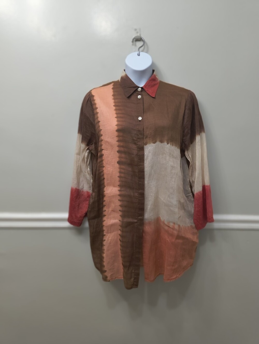 Roberta Freymann Linen Silk Colorblock Tunic Blouse Multicolor M Boho Earthy Art